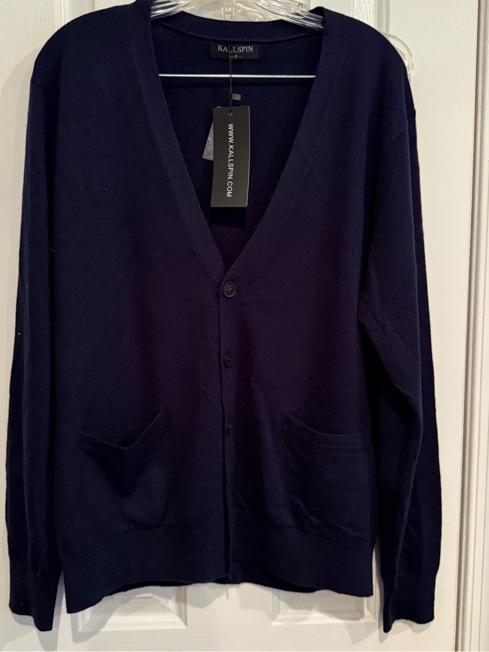 Kallspin Men's Classic Navy V‑Neck Cardigan-Cashmere/Wool-NWT